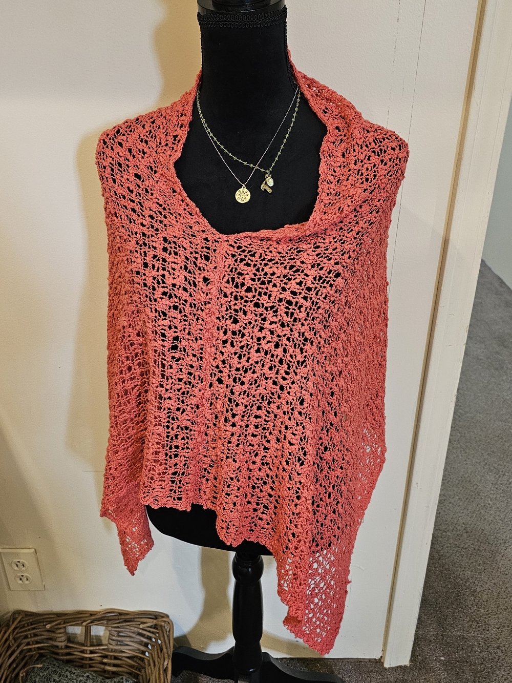 Lightweight Coral Open-Knit Women's Sweater Wrap
